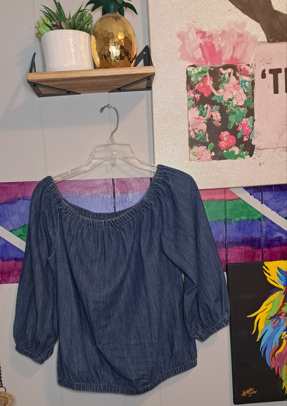 BUNDLE DEAL🚨 Vtg Multicolored 100% Cotton Harem Pants with Pockets (FREE SIZE) Fits Small-Large Waist 14-18in Hip 25in & Universal Threads Denim Off Shoulder Top SZ Medium (ptp 22in)