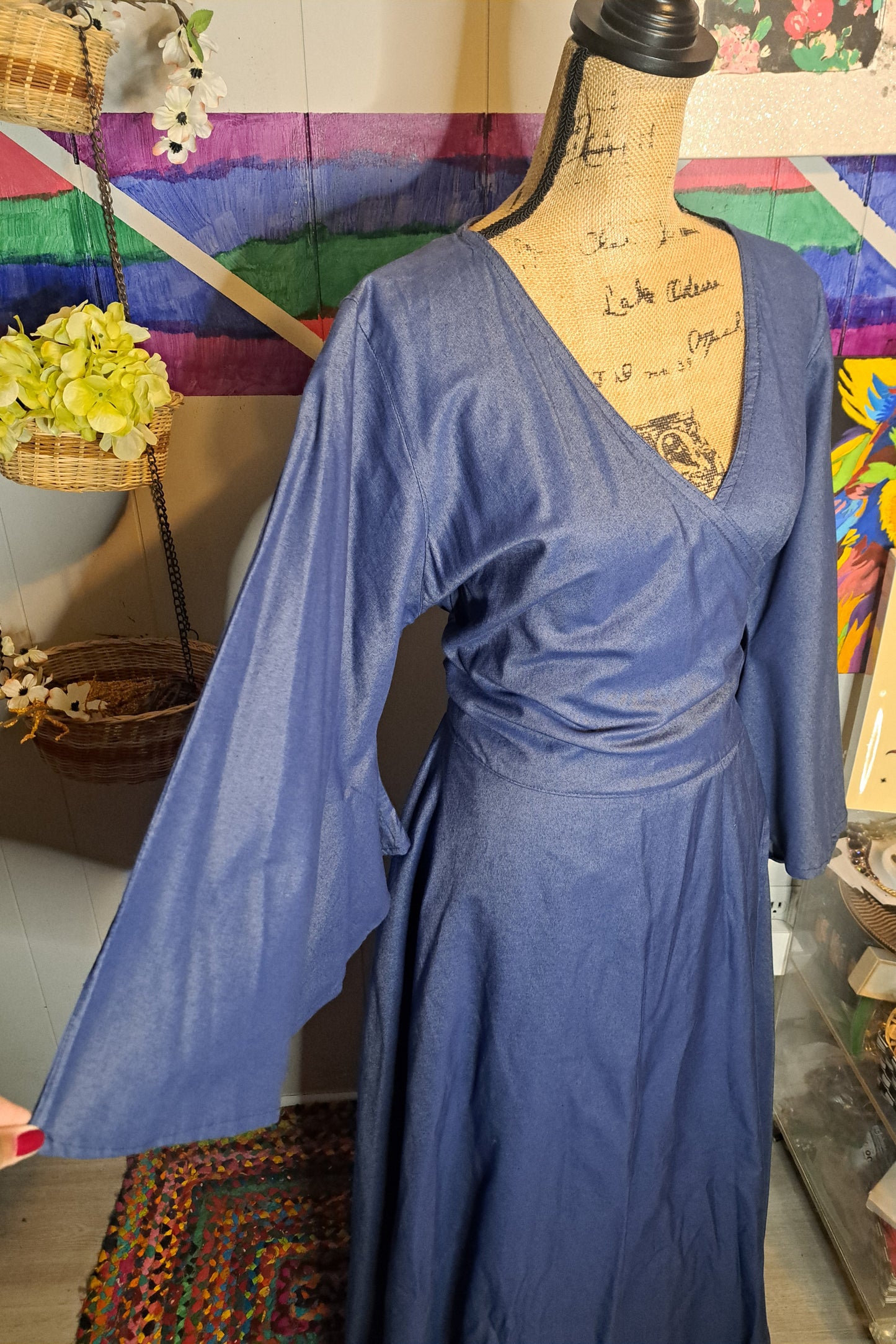 Adjustable Denim Maxi Dress with Pockets and Bell Sleeves Tagged One Size (Best Fits L-1X) Ptp 24-26in