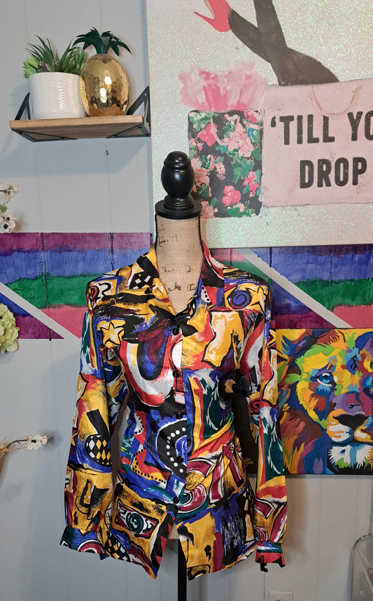 Vtg Judy Bond Button Down Graffiti Style Print Top SZ 12 (Ptp 22in)