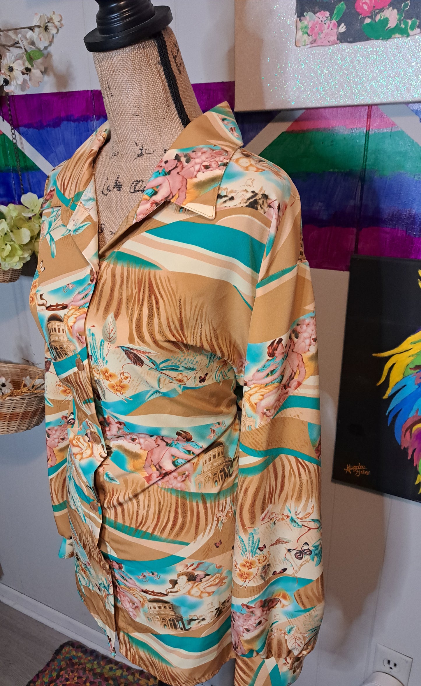 Vtg Deadstock Maggie Sweet Angelic Novelty Print Button Down SZ 3X (Ptp 29in)
