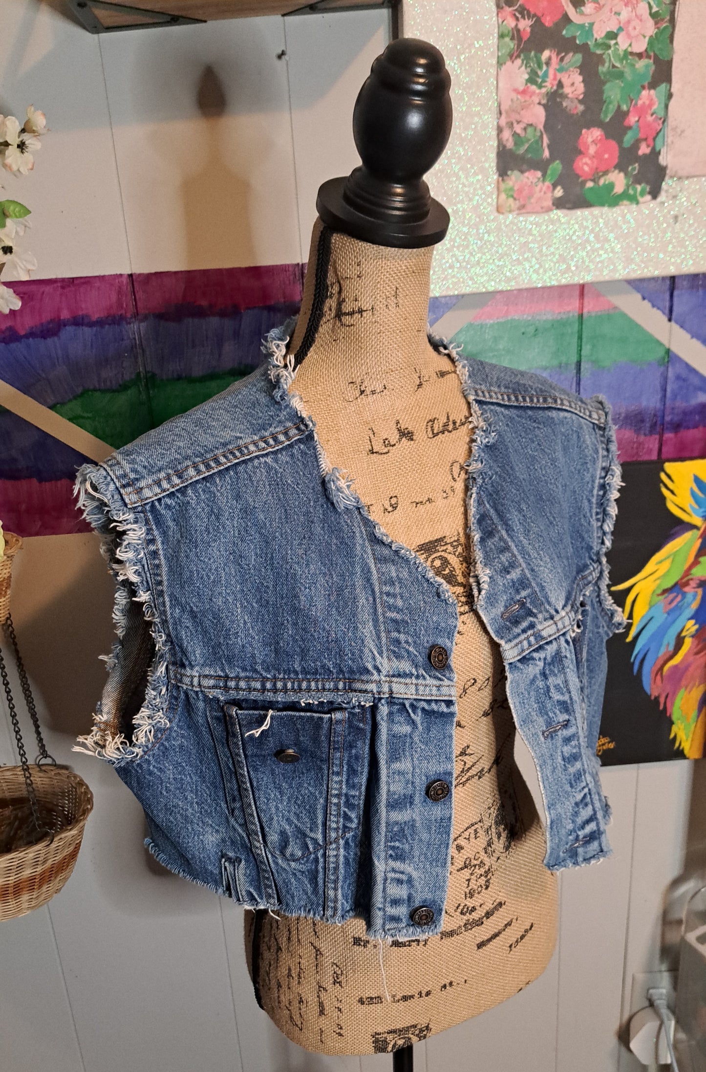 Vtg Upcycled Distressed Denim Cropped Vest (Best Fits Large)