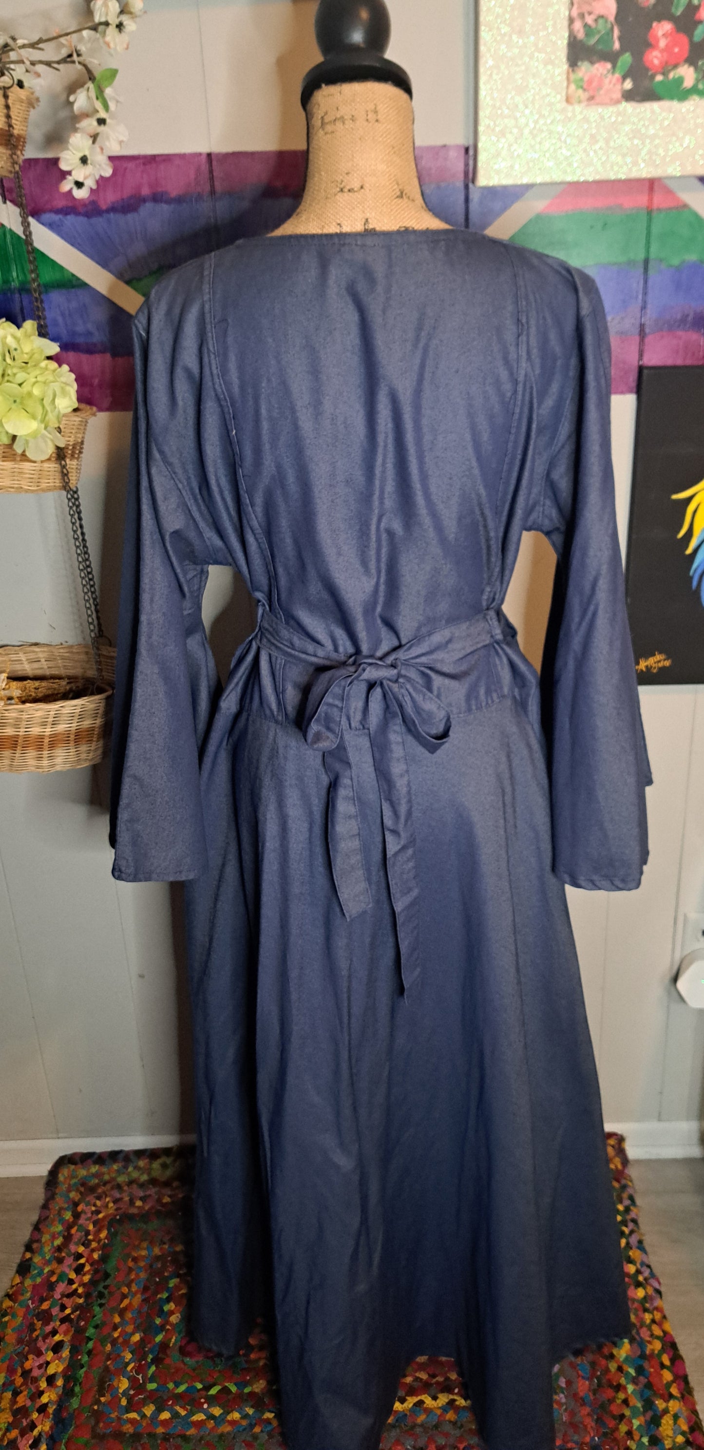 Adjustable Denim Maxi Dress with Pockets and Bell Sleeves Tagged One Size (Best Fits L-1X) Ptp 24-26in