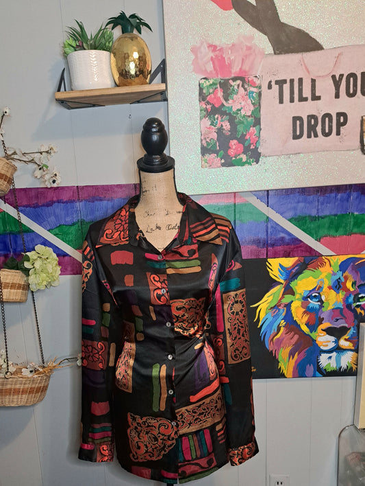 Vtg Multicolored Blk/Multicolored Button Down Top No Size (Best Fits 2X) Ptp 27in