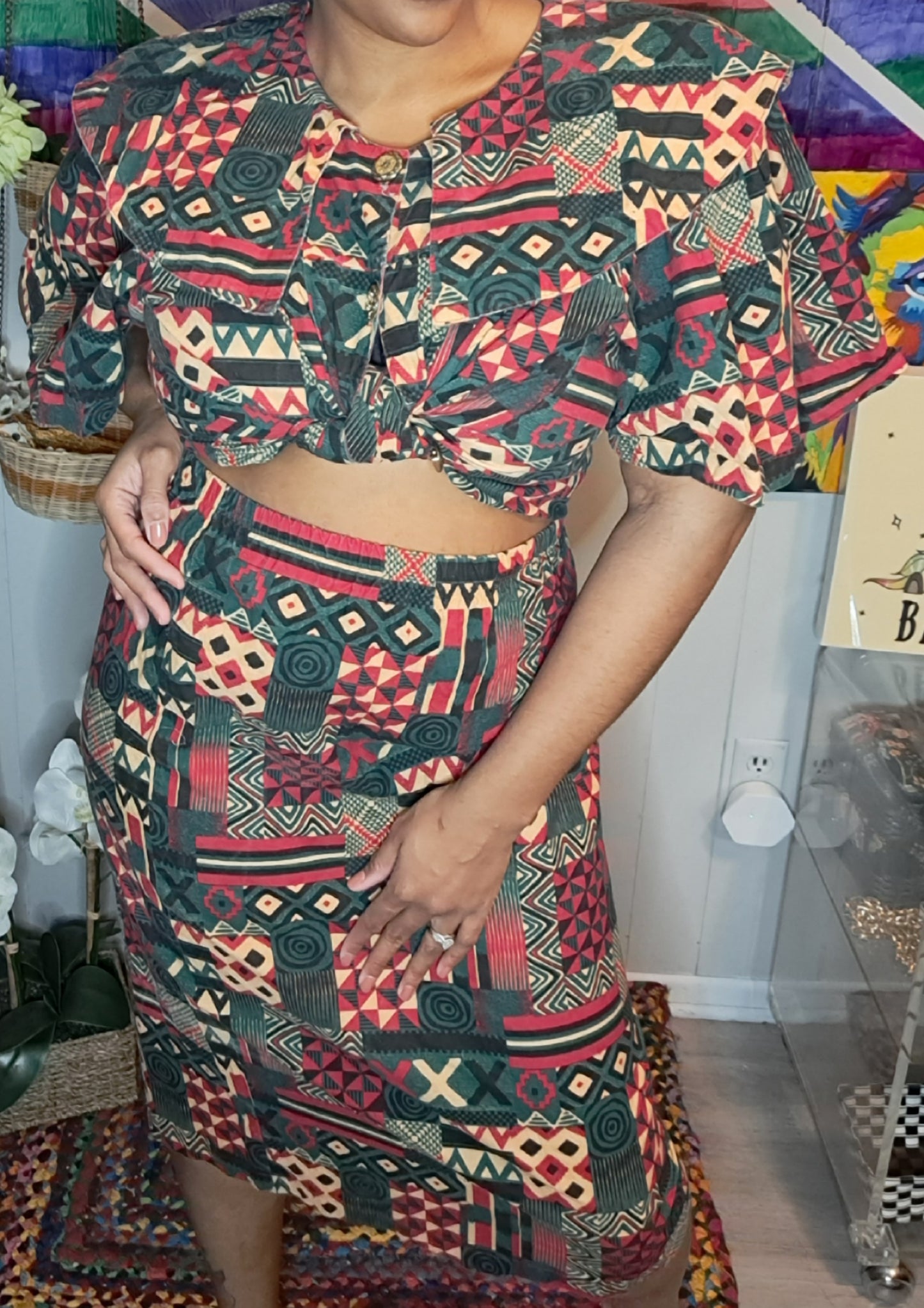 Vtg 2pc African Tribal Multicolor Skirt Set SZ 1X (Top ptp 26in Skirt Waist 19-22in Hip 23in-25)