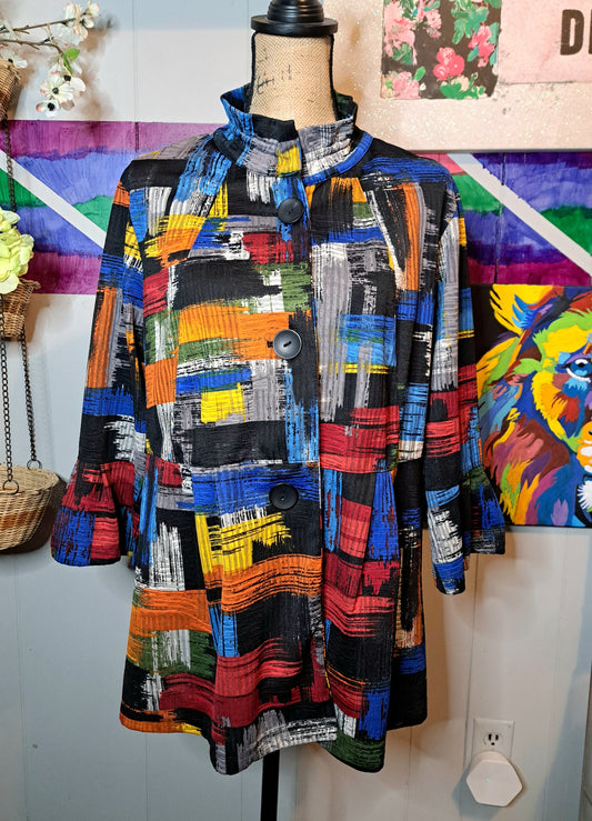 NWOT Multicolored Art Deco Structured Flexible Collar Button Down Top with Bell Sleeves SZ Large (Fits up to an XL)