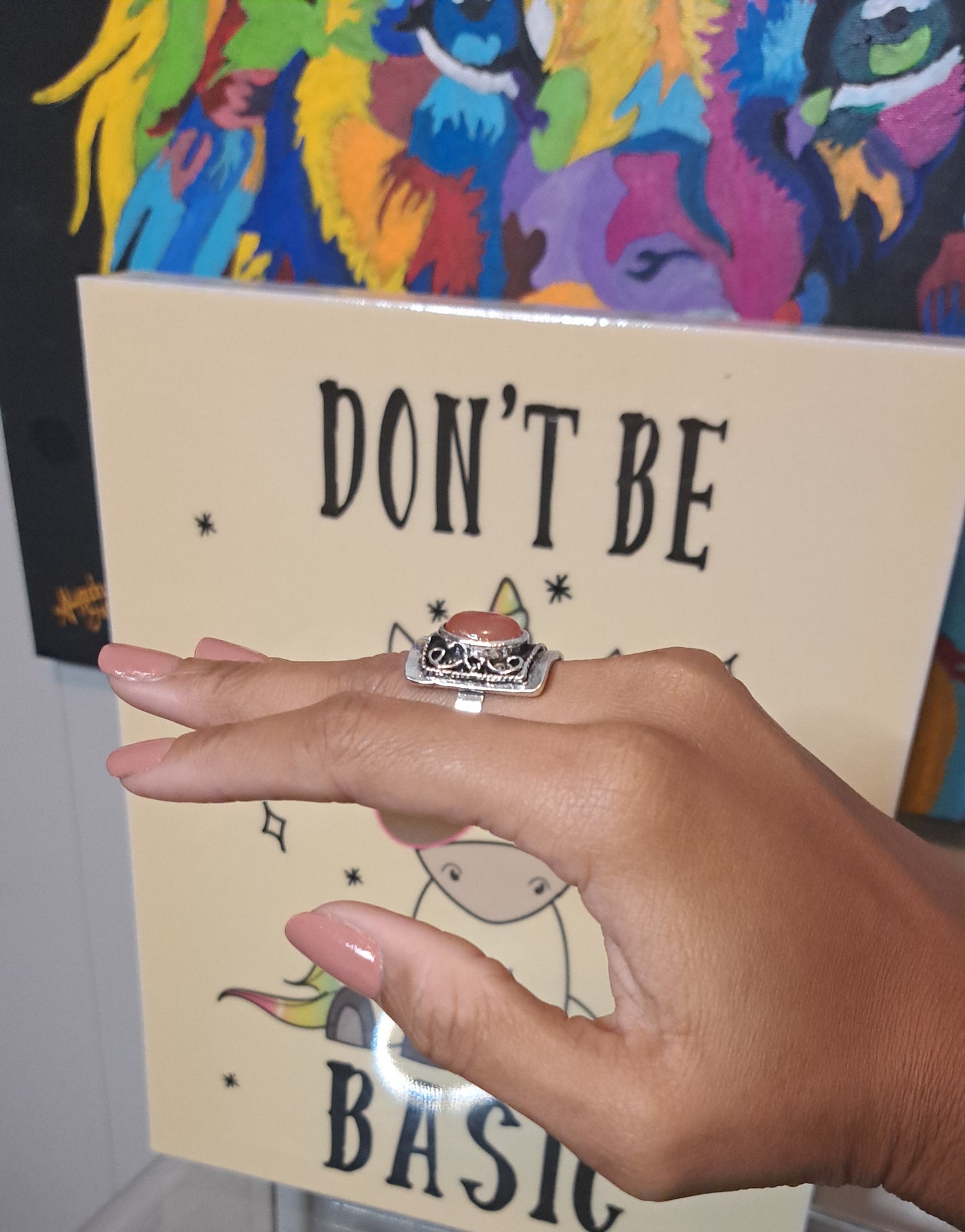 Vtg Inspired Antique Style Rectangular Silver/Milky Coral Adjustable Ring (Best Fits 6-10)