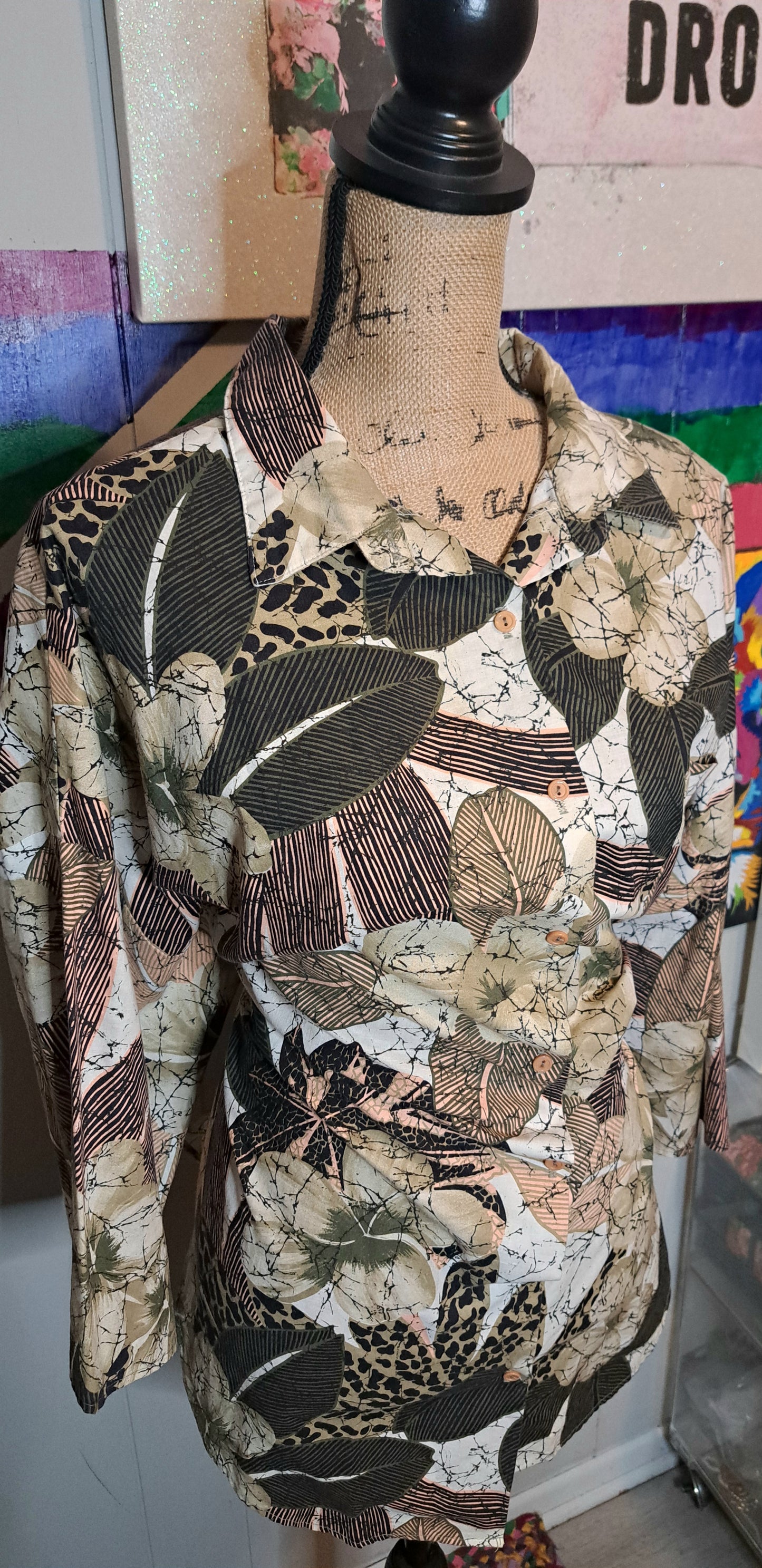 Vtg Venezia Animal/Leaf Print Dolman Sleeve Top Plus Size 1X-3X (Ptp 28in)