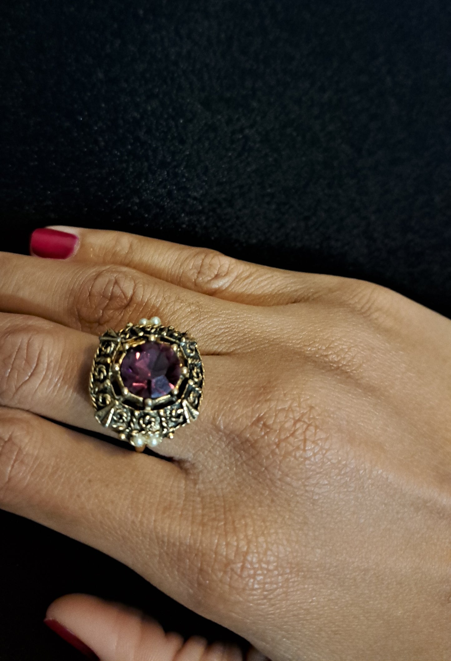Vtg Signed Emmons Adjustable Amethyst Stone with Faux Pearl Ring SZ 6-10