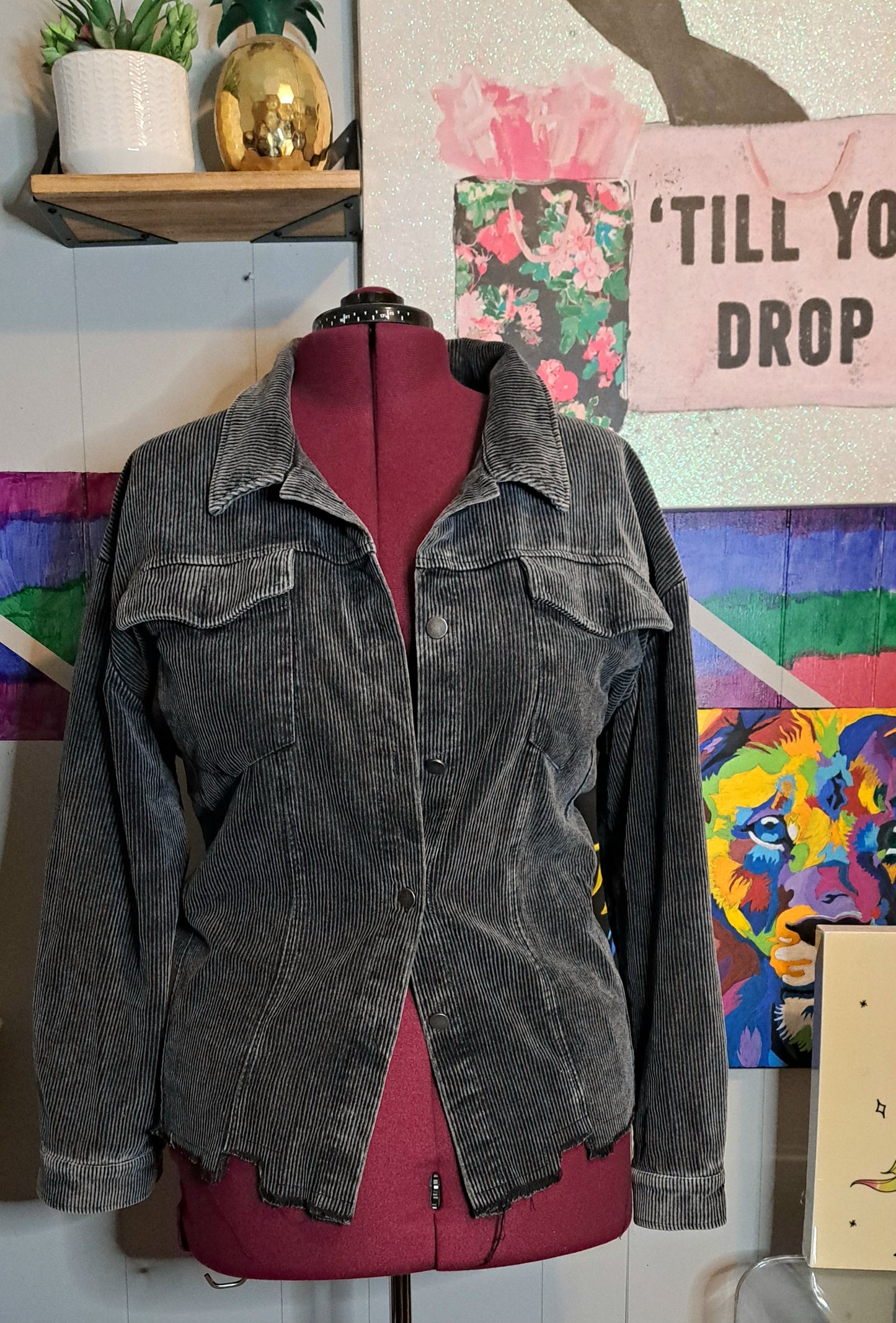KATY DID Black Acid Wash Jacket with Distressed Hem SZ XXL