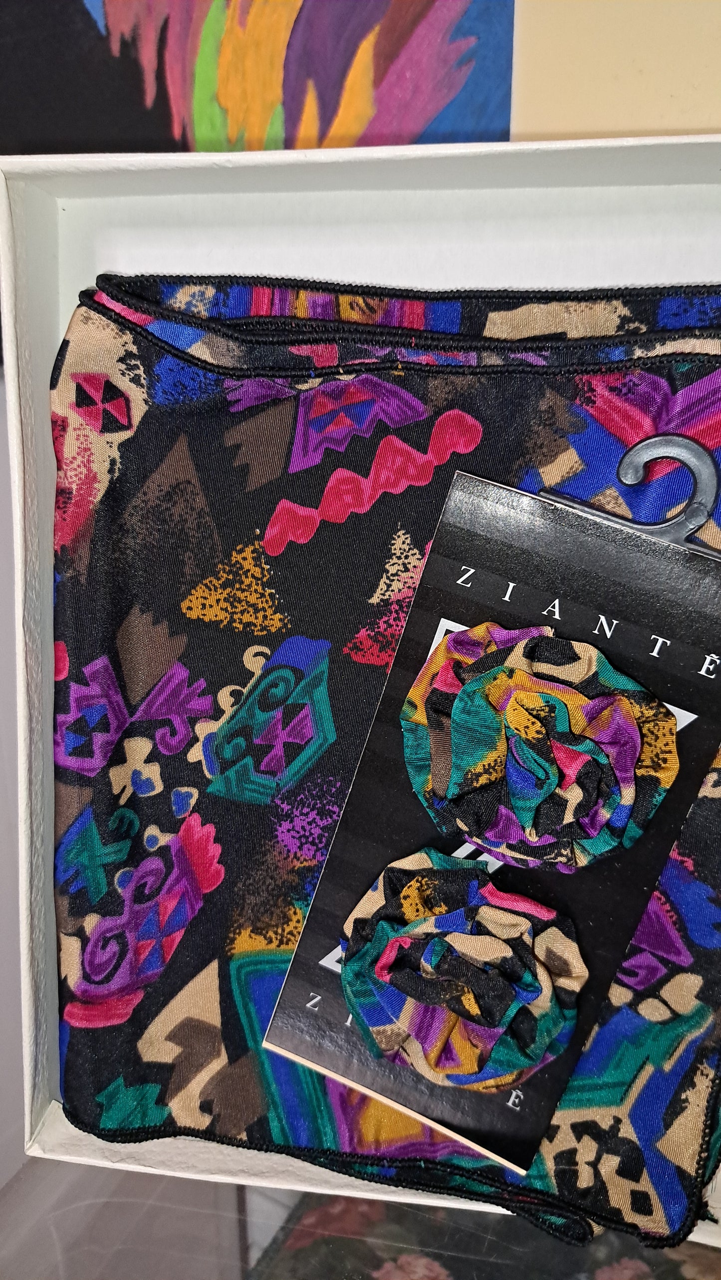 Vtg Deadstock Oblong Multicolored Scarf & Matching Shoe Clips