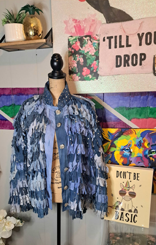 Vtg Marshall Rousso Mixed Denim Fringe Jacket With Silver Sequin SZ S/M (Fits up to 1X (Ptp 31in)