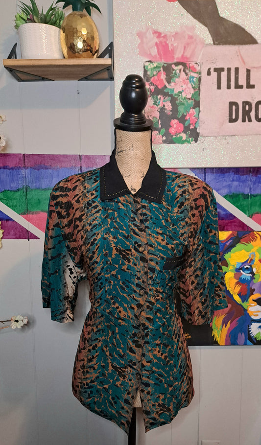 Vtg Carol Little Animal Print Metallic Button Down Shirt No Size (Ptp 24in)