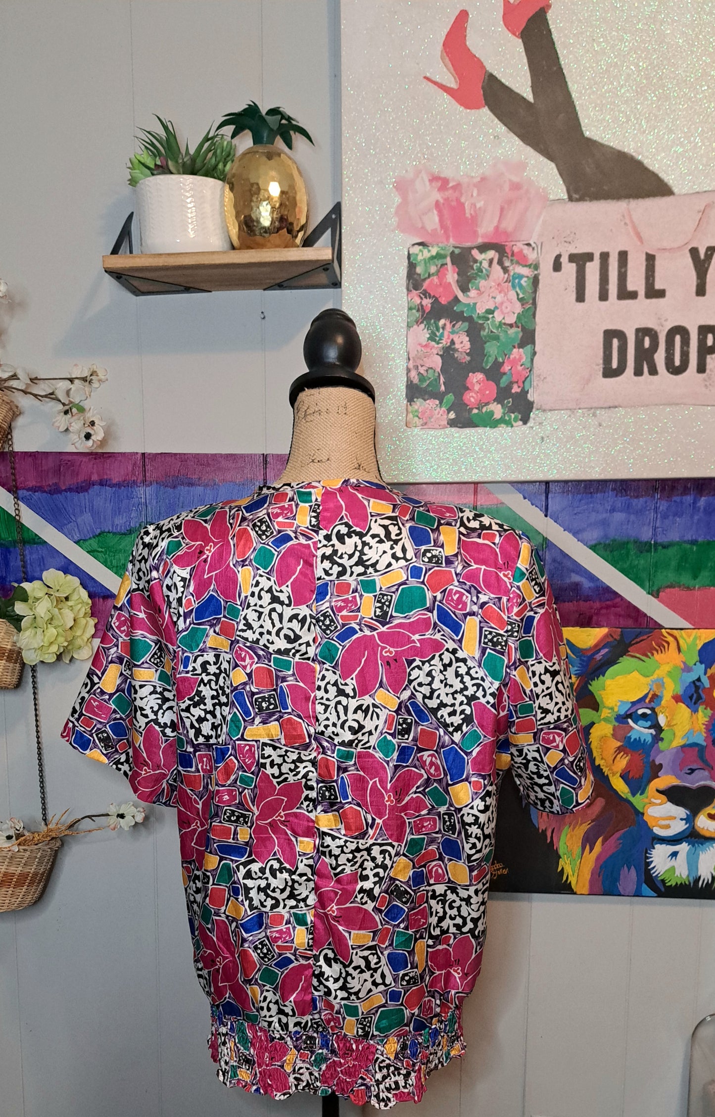 Vtg Lauren Lee Blk/Wht/Multicolored Floral Print Top with Elastic Waist SZ 16 (Ptp 23in)