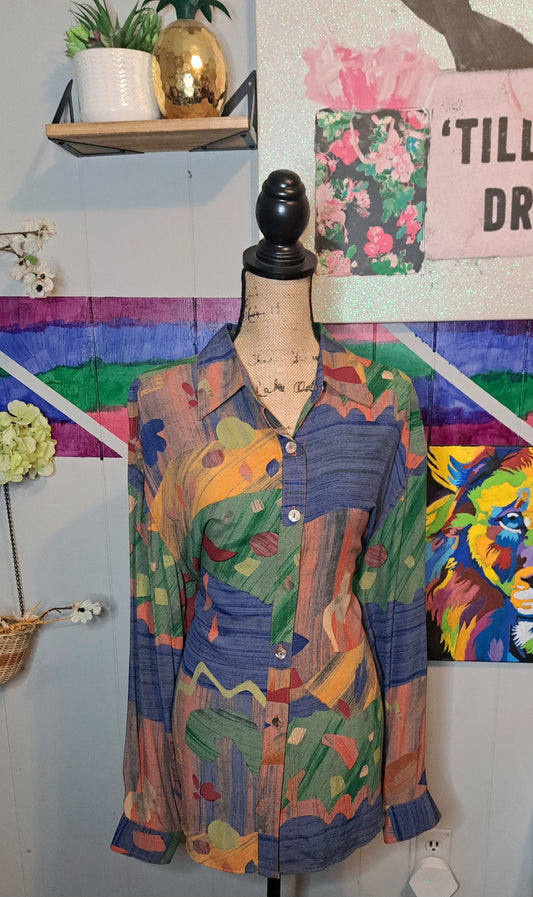 Vtg Karen Kane Multicolored Abstract Print Pastel Button Down Top SZ 14 (Ptp 25in)