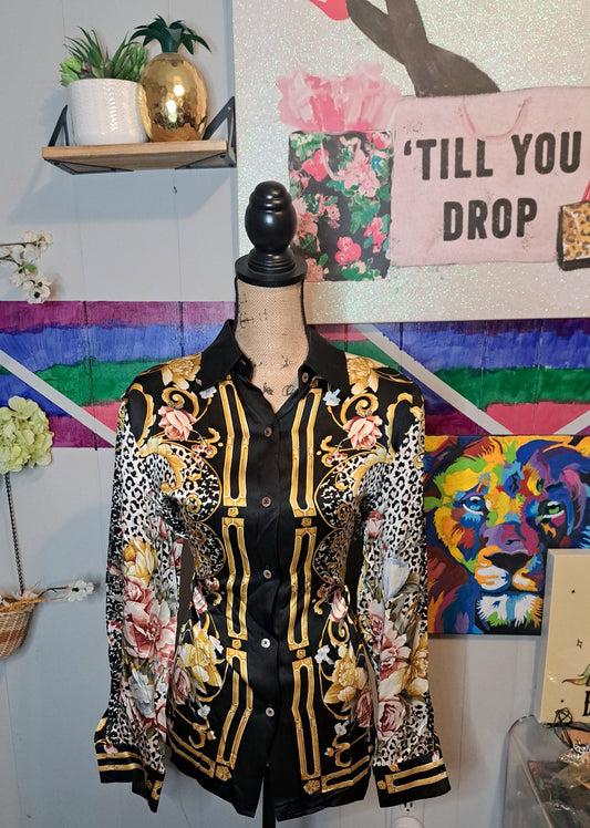 Vtg Linda Allard Ellen Tracy 100% Silk Baroque Mix Print Button Down Top SZ 14 (Best Fits a 12) PTP 22in