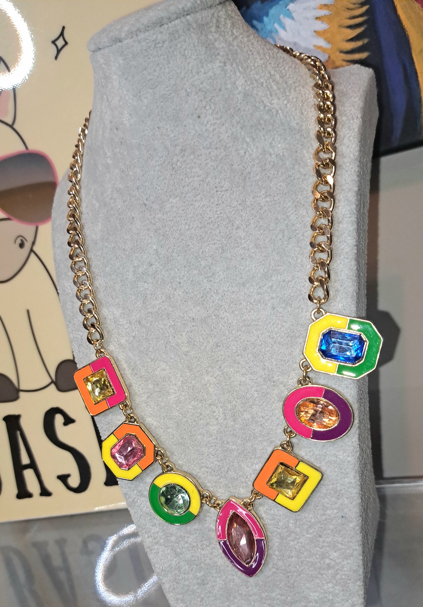 Vtg Unsigned Multicolored Geometrical Shape Colorblock Adjustable Gemstone Necklace 18in-21.5in