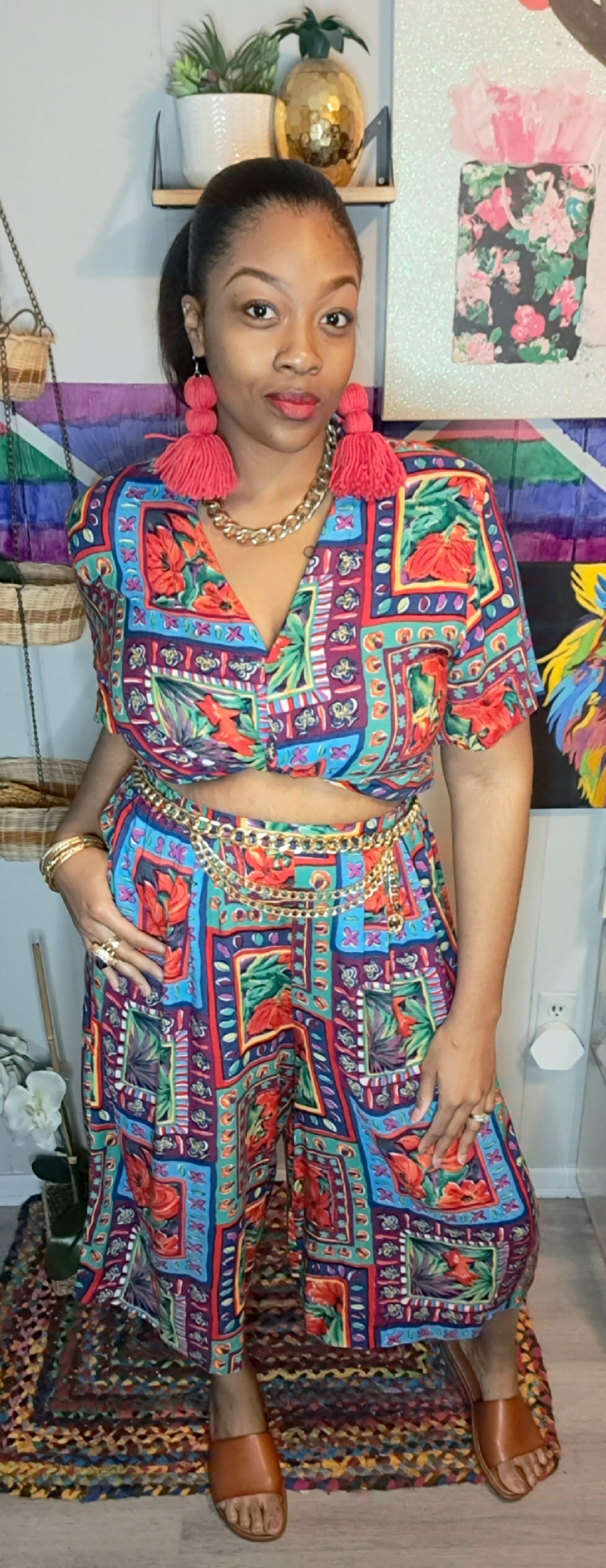 Vtg Multicolored 2pc Top ptp 25in & Gaucho Pant with Elastic Waist & Pockets SZ 1X (Waist 18-23in)