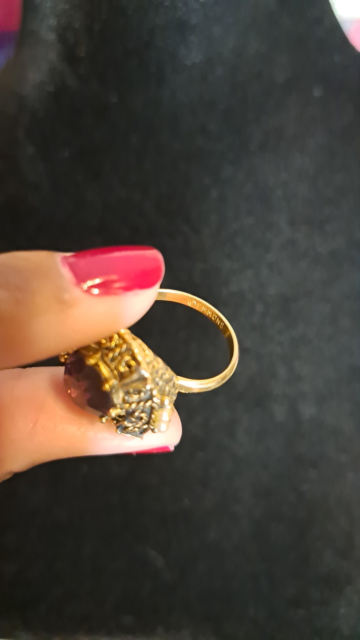 Vtg Signed Emmons Adjustable Amethyst Stone with Faux Pearl Ring SZ 6-10