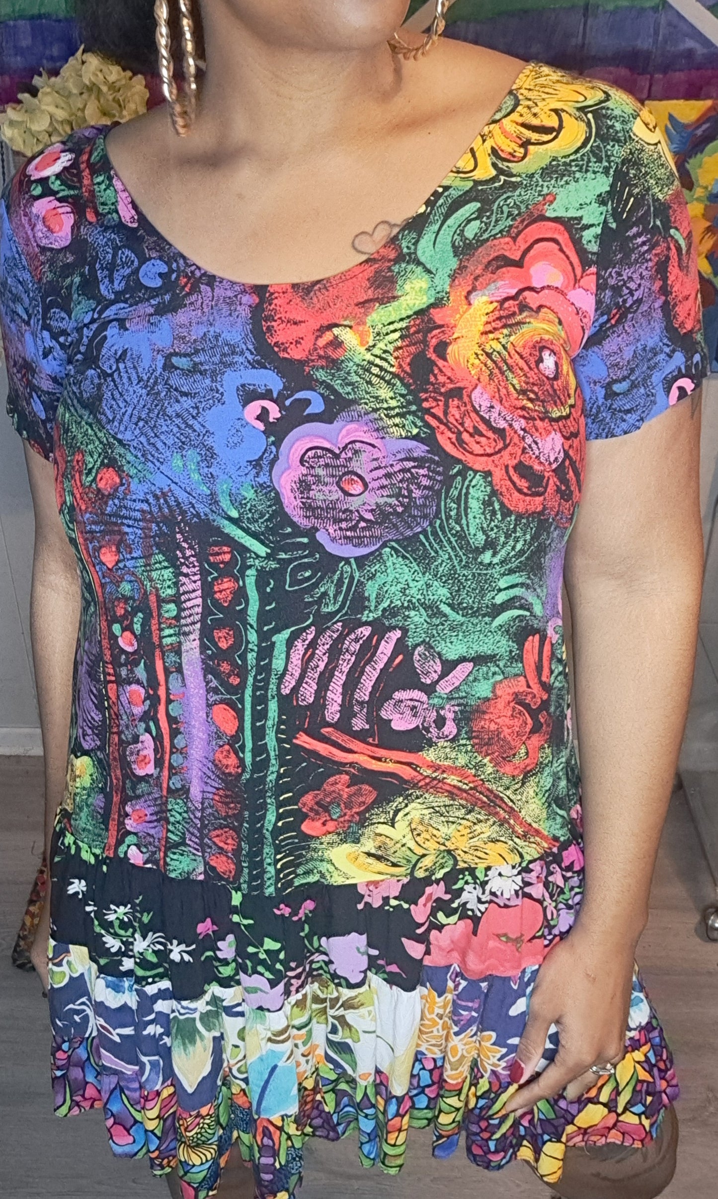Vtg Jams World Multicolored Patchwork Print Dress SZ XL ptp 24in