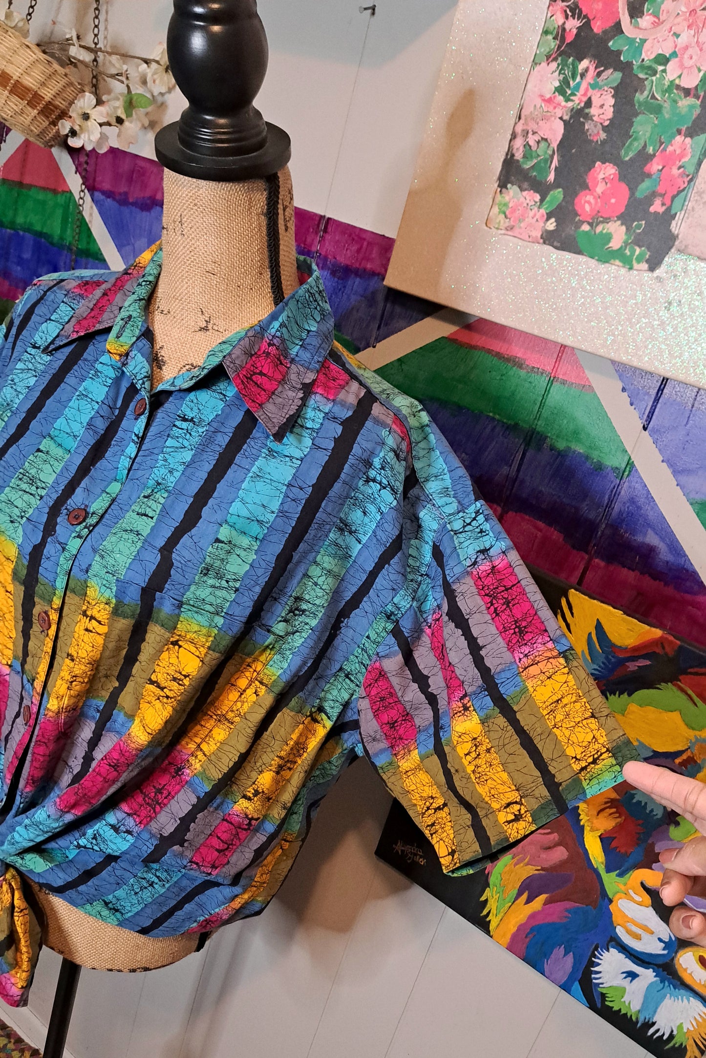 Vtg Venezia Multicolored Button 90s Print Top SZ 14/16 (Ptp 26in)