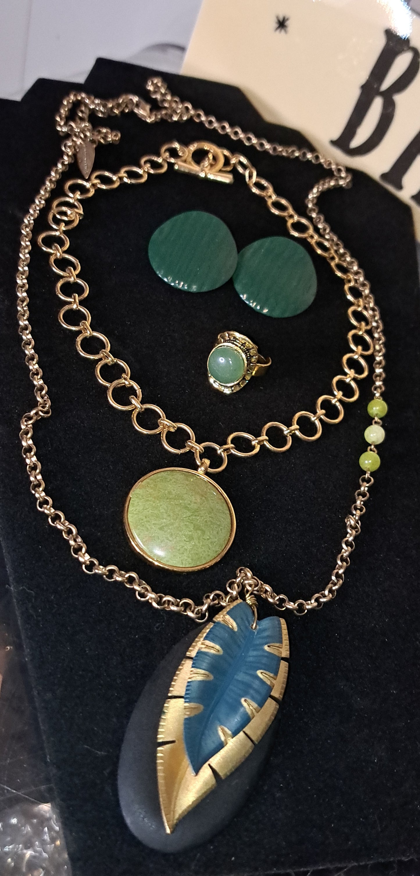 BUNDLE DEAL (4pcs) 1 CHAPS Lime Green Gemstone Necklace, 1 Coldwater Creek Leaf Pendant Adjustable Necklace, 1 Pair Green Textured Post Back Earrings, 1 Adjustable Green Gemstone Ring