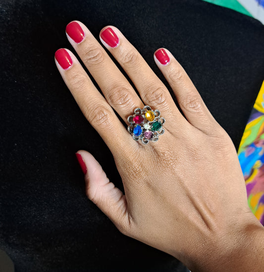 Vtg Signed Emmons Silver Tone/Multicolored Gemstone Adjustable Ring SZ 6-10