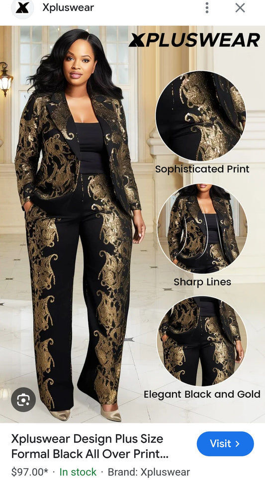 NWT XPlus Wear 2pc Gold/Black Shimmer Printed 2pcs Pant Suit SZ 2XL (18/20) Ptp 27in Waist 21in Hip 27in