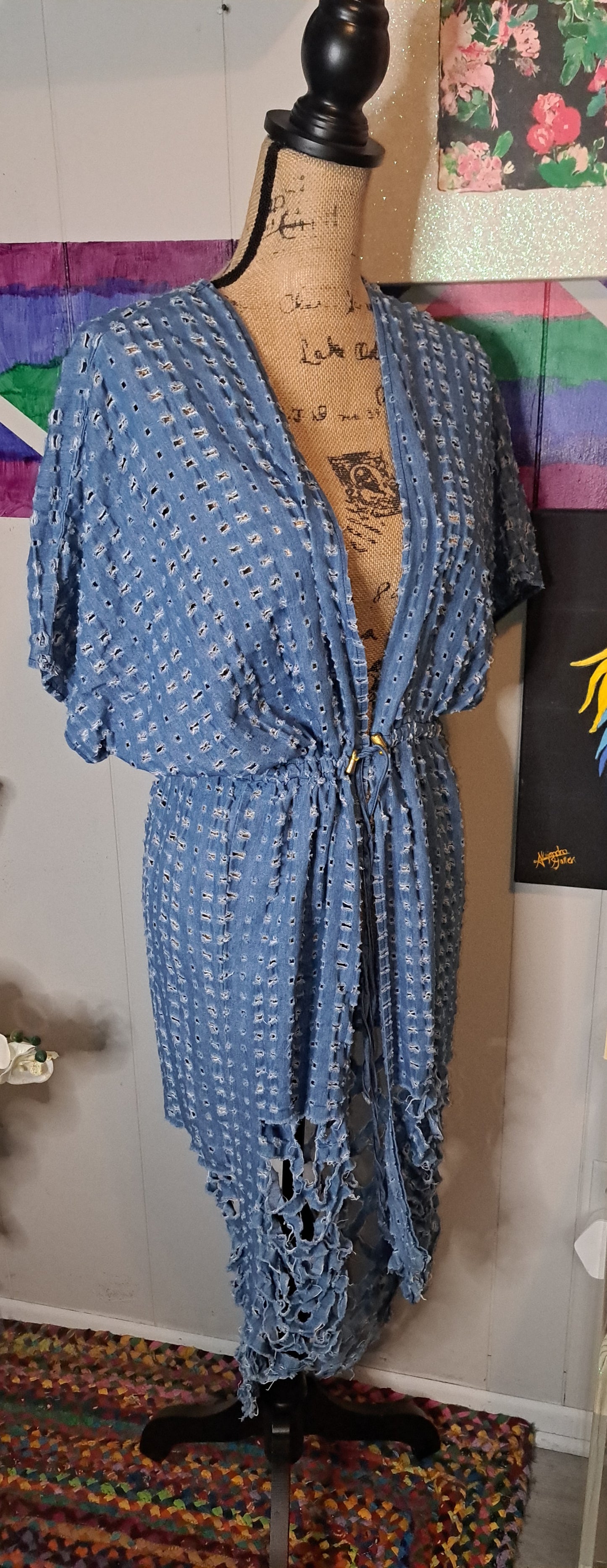 Distressed Cutout Duster with Drawstrings SZ Large (Best Fits Medium)