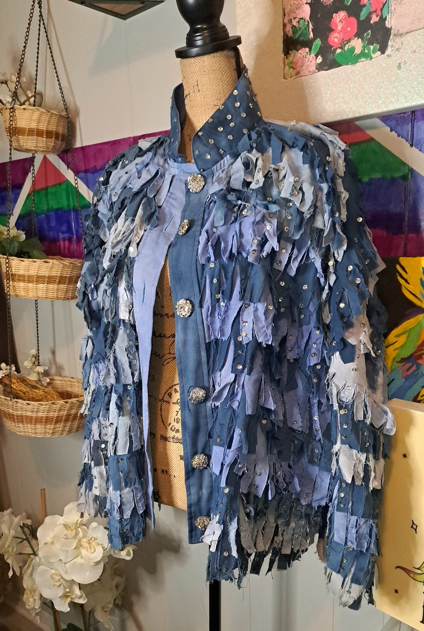 Vtg Marshall Rousso Mixed Denim Fringe Jacket With Silver Sequin SZ S/M (Fits up to 1X (Ptp 31in)