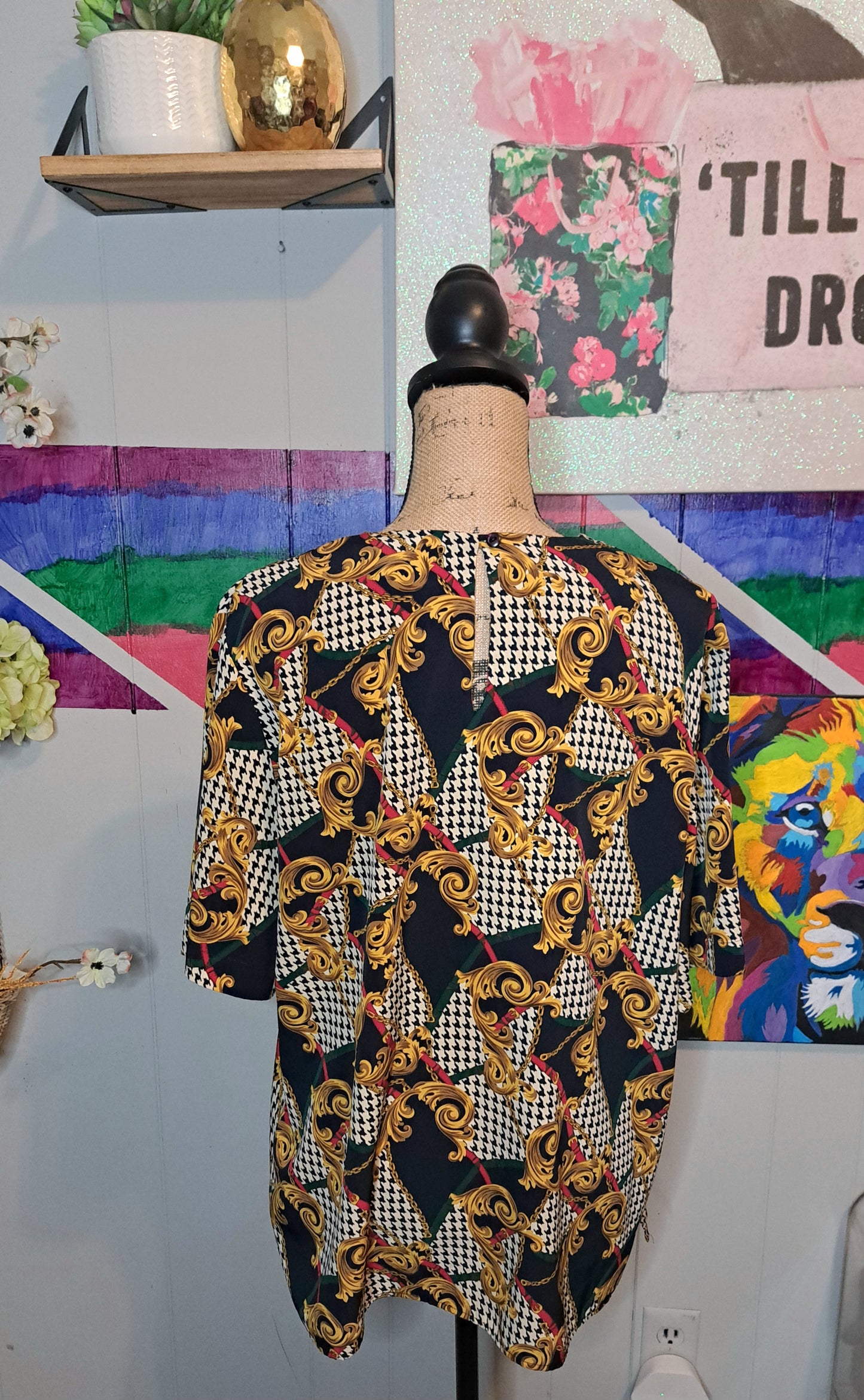 Vtg Houndstooth/Baroque Print Top SZ 16 (Ptp 23in) Best Fits 14