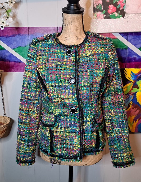 Berek Multicolored Tweed Blazer Jacket with Chunky Blk Rhinestone Buttons and Lace Embroidery SZ Small 6/8 (Ptp 20.5in)