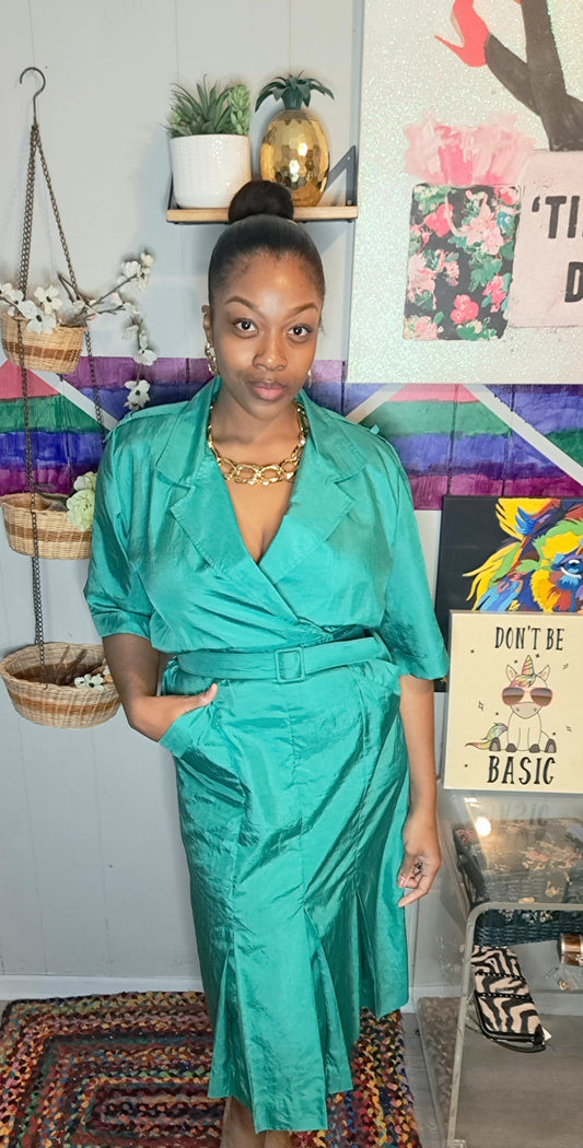 Vtg Karen Kelly Green Trench Style Dress with Pockets & Matching Belt SZ 14 (Best Fits 12)