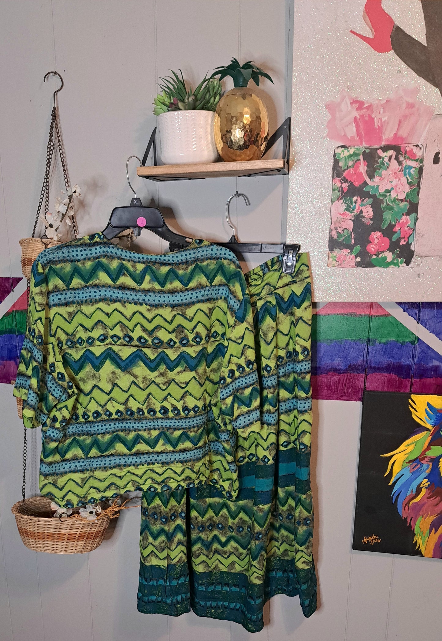 Vtg Button Down Top (ptp 24in) & Skirt with Pockets (15in Unstretched) Set SZ Large