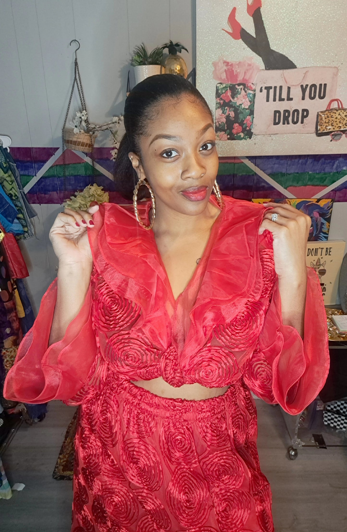Vtg Red Semisheer Embroidered Duster & Skirt Set SZ 4X (BEST Fits 2X/3X) Ptp 28in Waist 19-28in