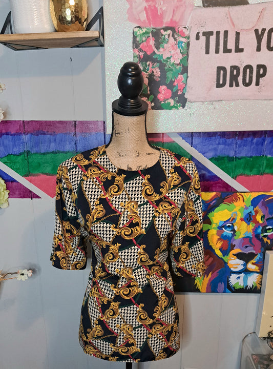 Vtg Houndstooth/Baroque Print Top SZ 16 (Ptp 23in) Best Fits 14