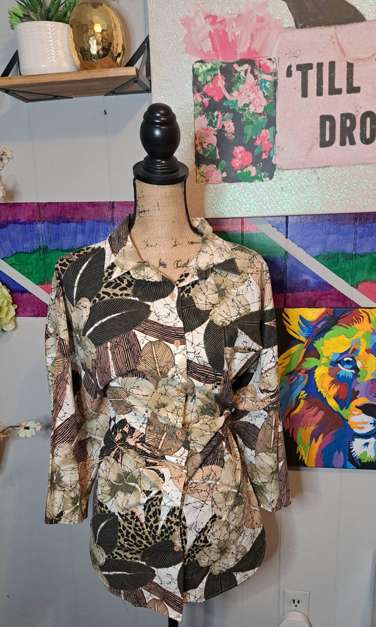 Vtg Venezia Animal/Leaf Print Dolman Sleeve Top Plus Size 1X-3X (Ptp 28in)
