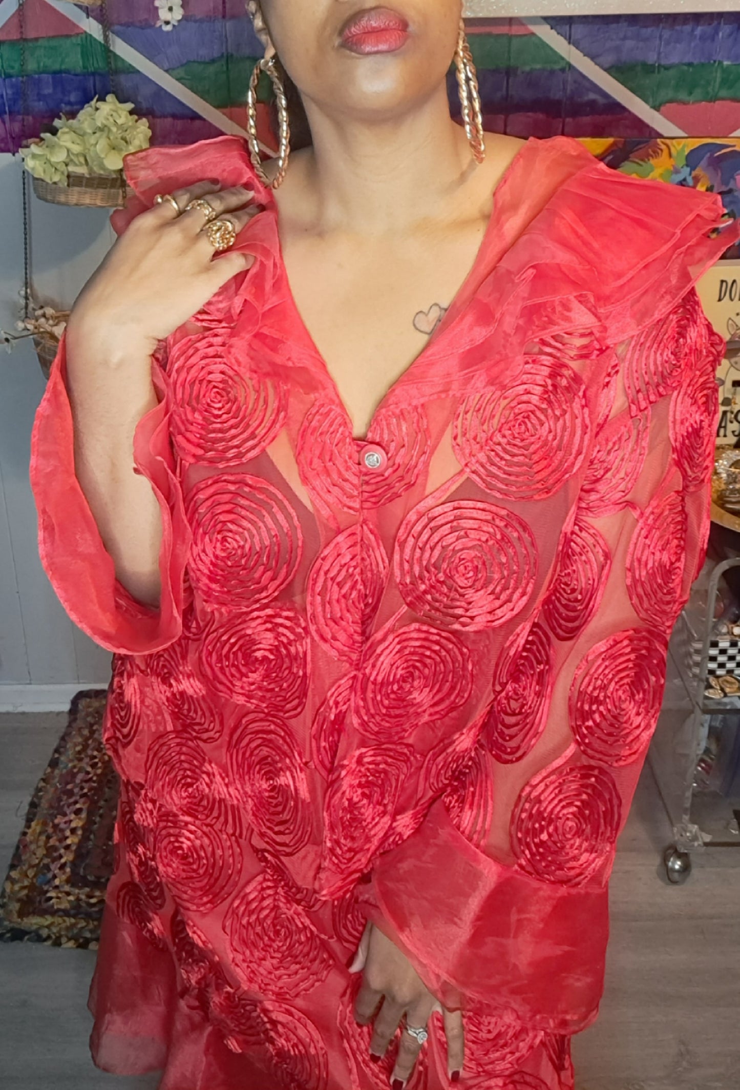Vtg Red Semisheer Embroidered Duster & Skirt Set SZ 4X (BEST Fits 2X/3X) Ptp 28in Waist 19-28in