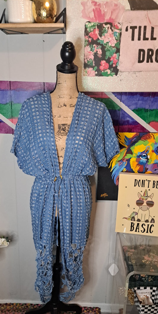 Distressed Cutout Duster with Drawstrings SZ Large (Best Fits Medium)