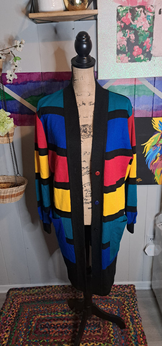 Vtg Blk/Multicolored Colorblock Button Down Long Cardigan Duster With Pockets No Size Tag (Ptp 23in) Fits S-XL