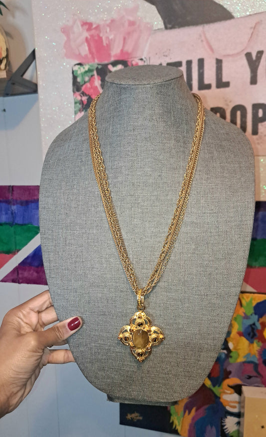Vtg Signed Graziano Chunky Tigerseye Pendant with Layered Gold Tone Necklace