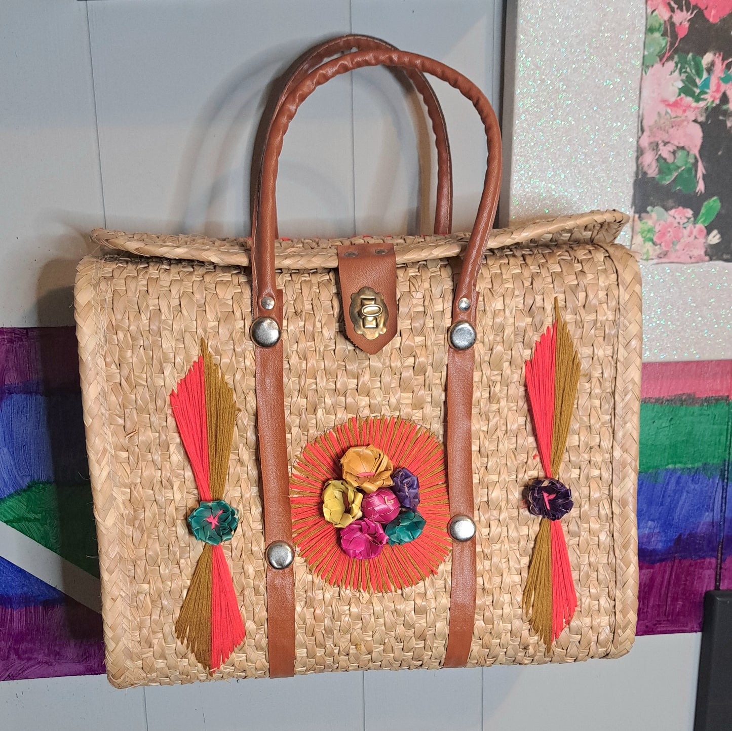 Vtg 70s Handmade Multicolored Straw Wicker Tote Bag with Leather Straps and Metal Latch Closure