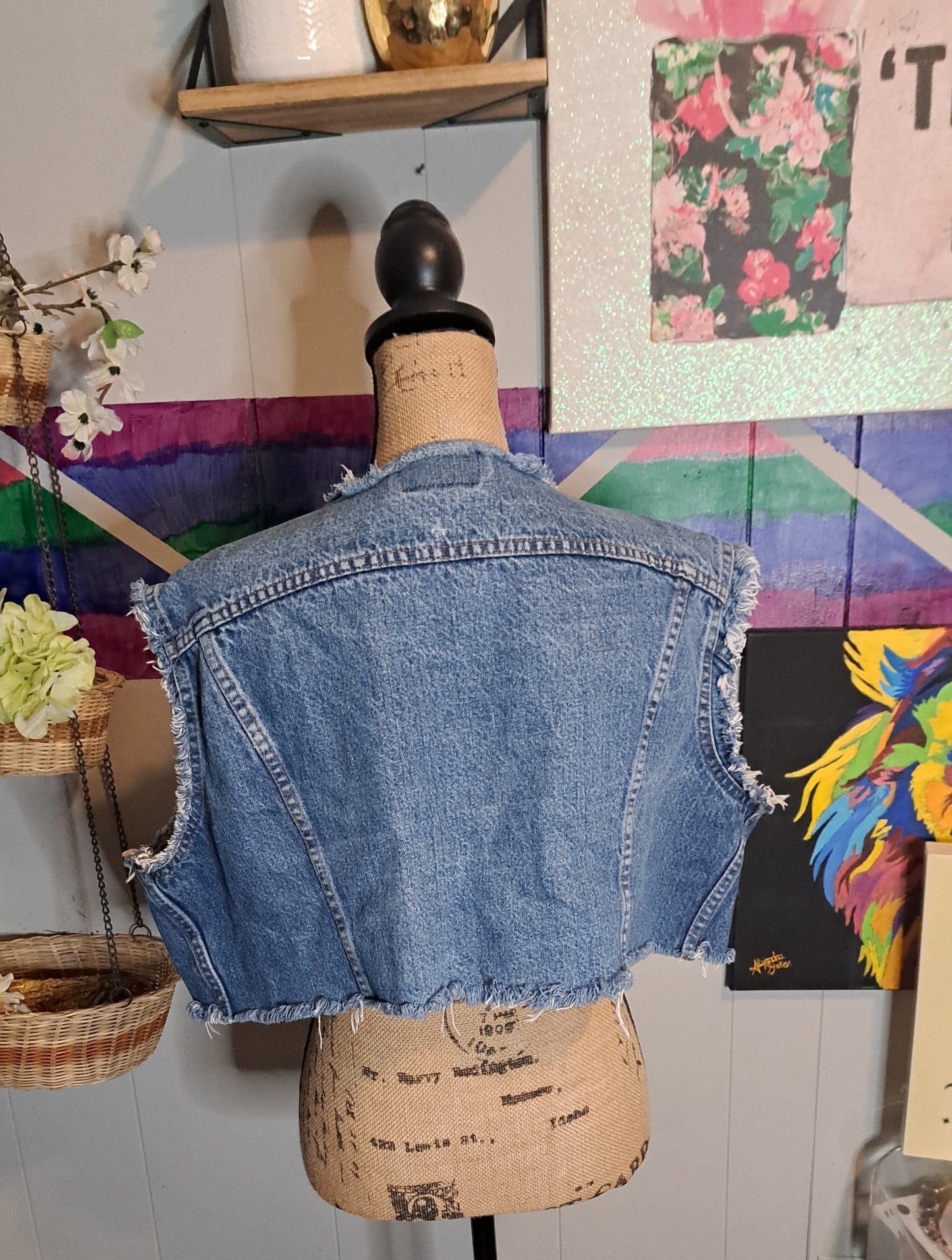 Vtg Upcycled Distressed Denim Cropped Vest (Best Fits Large)