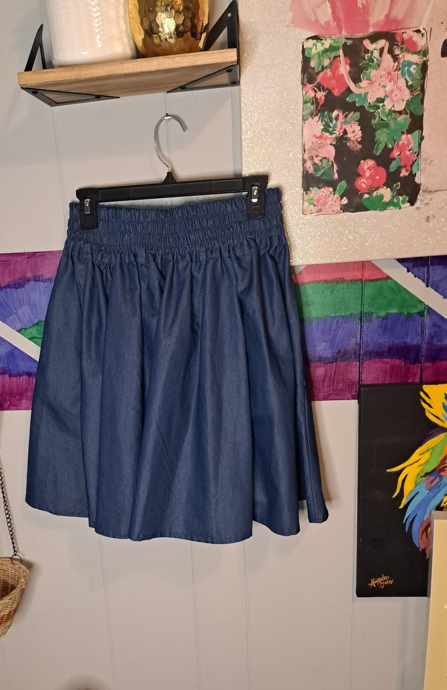 Denim Highwaisted Skater Skirt with Belt & Pockets (FREE SIZE S-1X) 14in-20in
