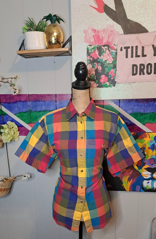 Vtg LizSport by Liz Claiborne Gingham Print Button Down Top SZ Medium (Ptp 22in)