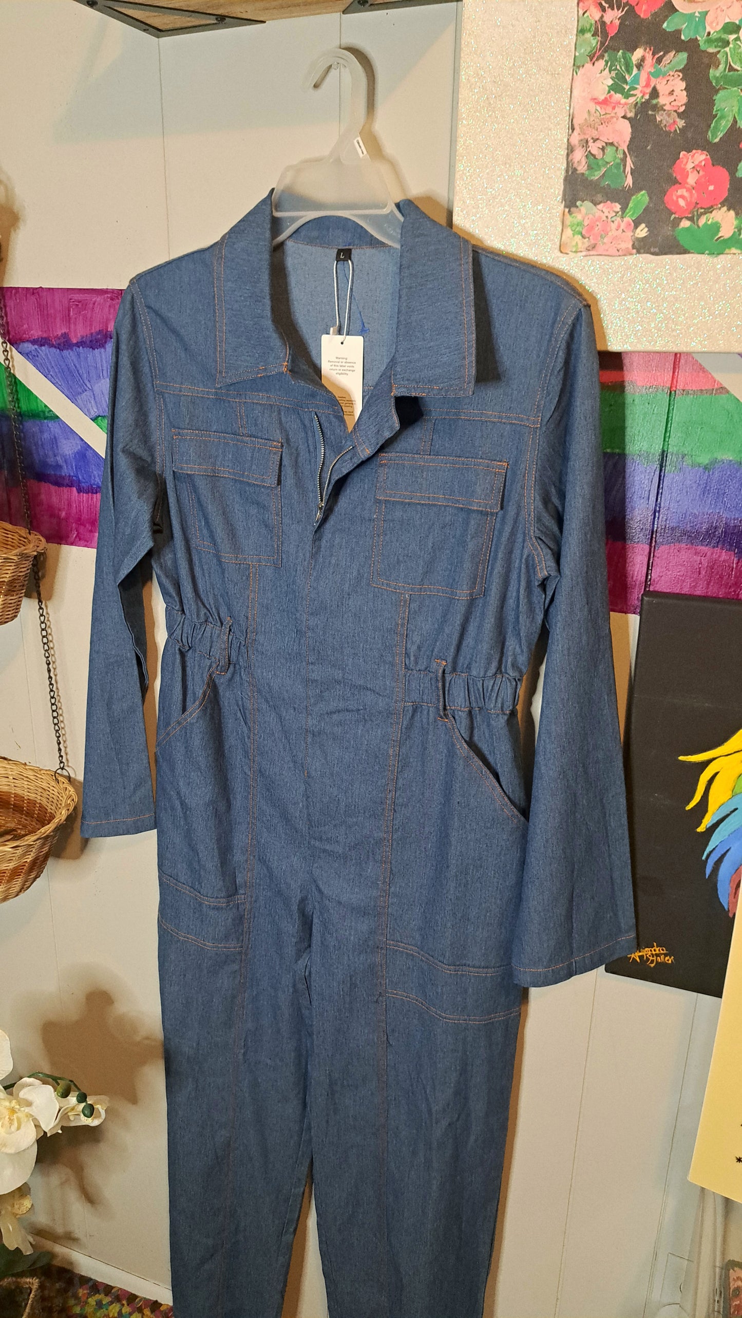 NWT Denim Utility Style Jumpsuit With Belt Loops & Pockets SZ Large with Stretch (ptp 22in)
