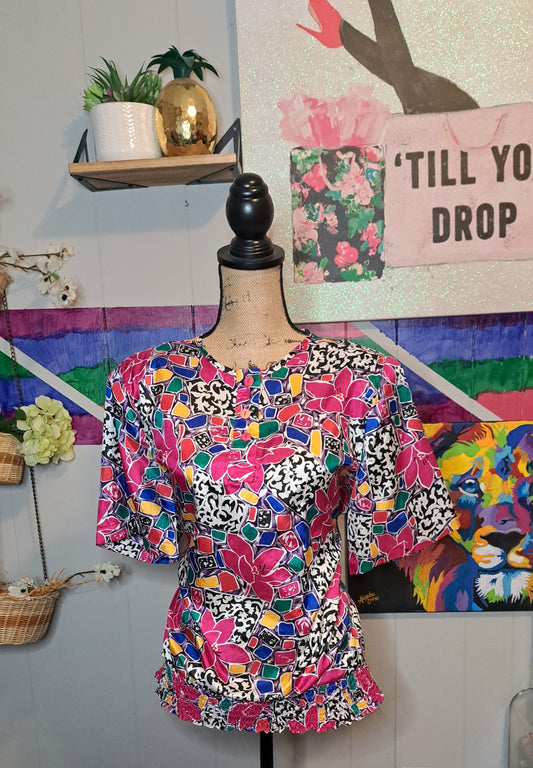 Vtg Lauren Lee Blk/Wht/Multicolored Floral Print Top with Elastic Waist SZ 16 (Ptp 23in)