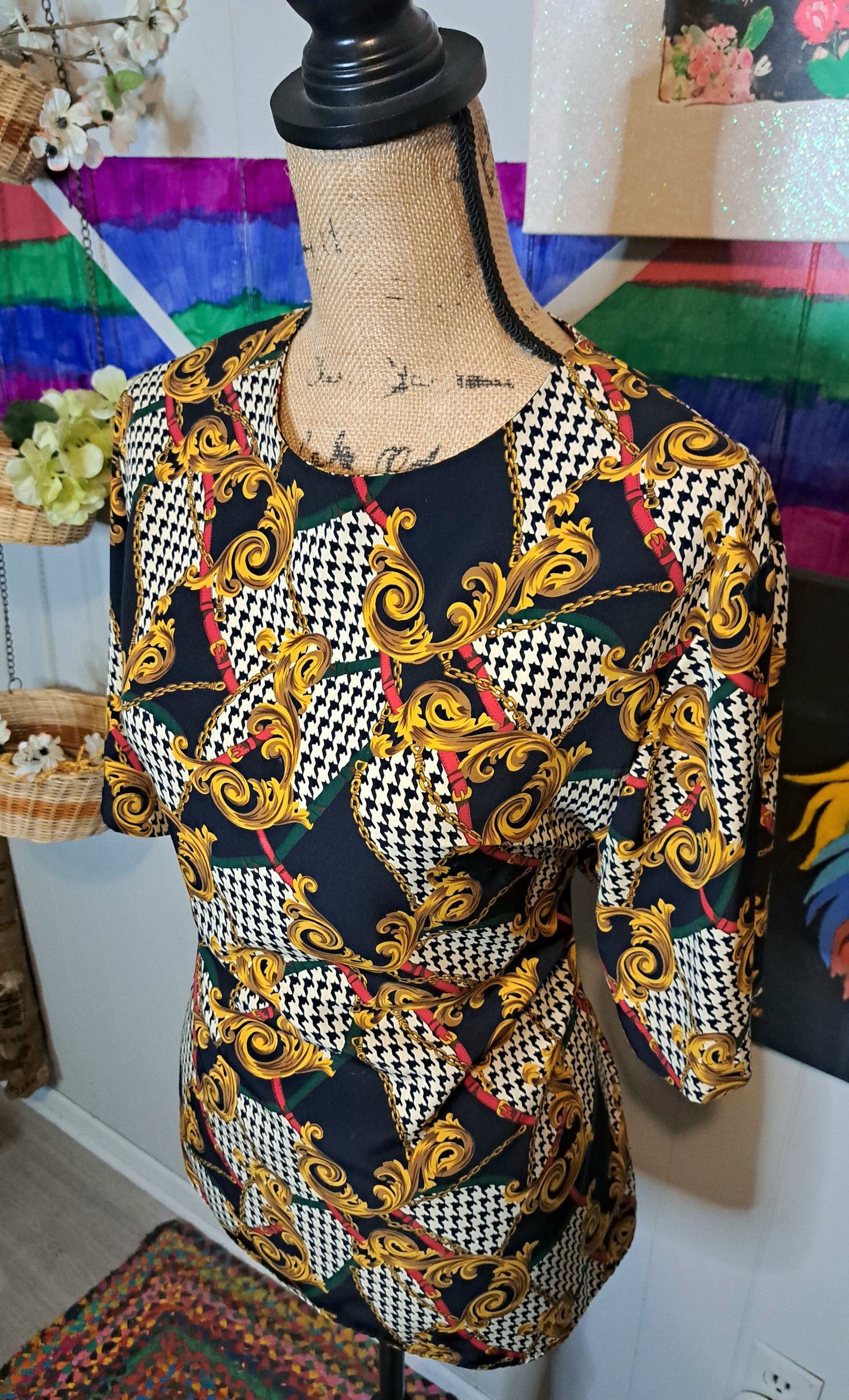 Vtg Houndstooth/Baroque Print Top SZ 16 (Ptp 23in) Best Fits 14