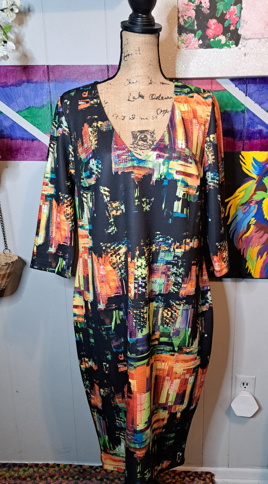 ASOS Curve Blk/Multicolored Art Deco Print Bodycon Dress SZ 16