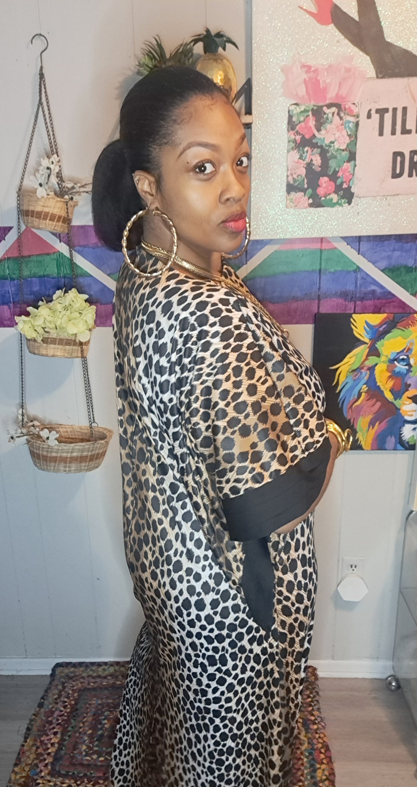 Vtg 70s TV Loungers Animal Print Exaggerated Sleeve Kaftan Dress SZ Medium (Fits up to a Large ptp 27in)