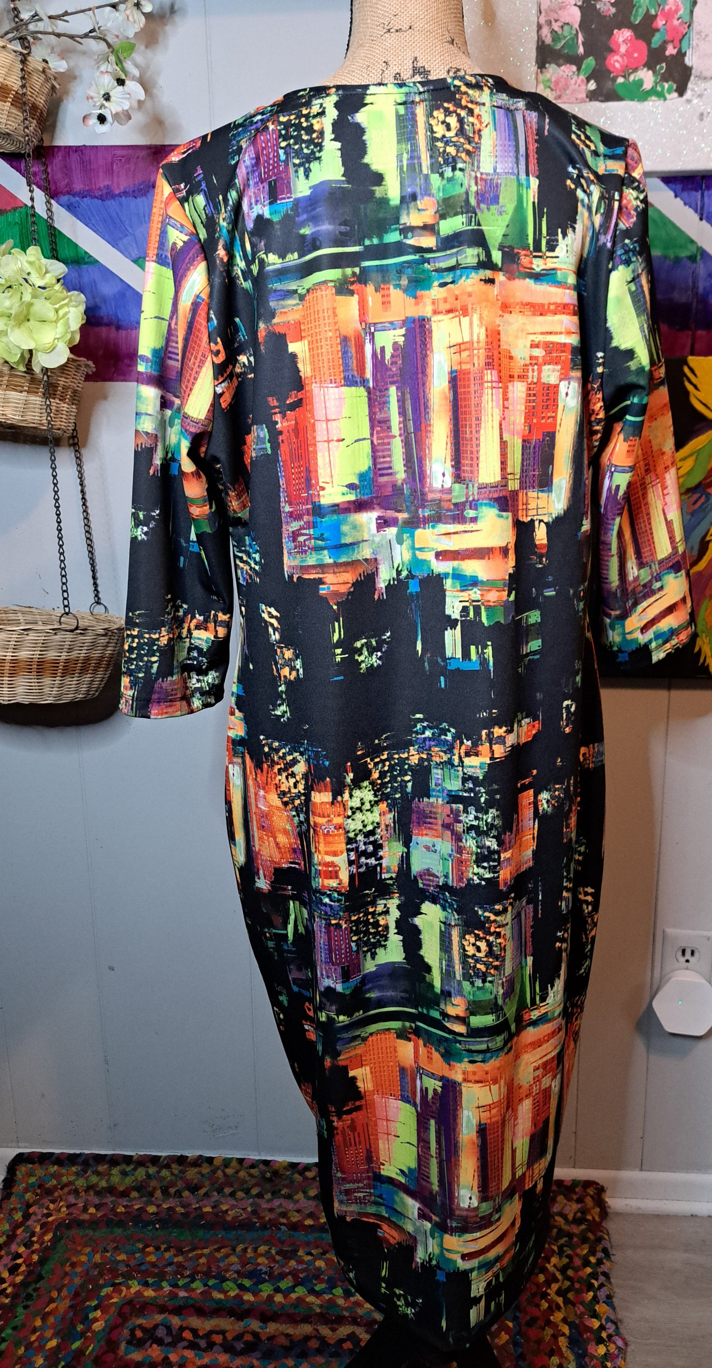 ASOS Curve Blk/Multicolored Art Deco Print Bodycon Dress SZ 16